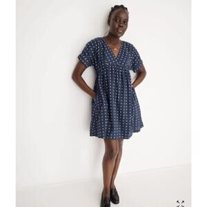Madewell Size Small V-Neck Dolman-Sleeve Mini Dress in Textured Dot Blue Summer